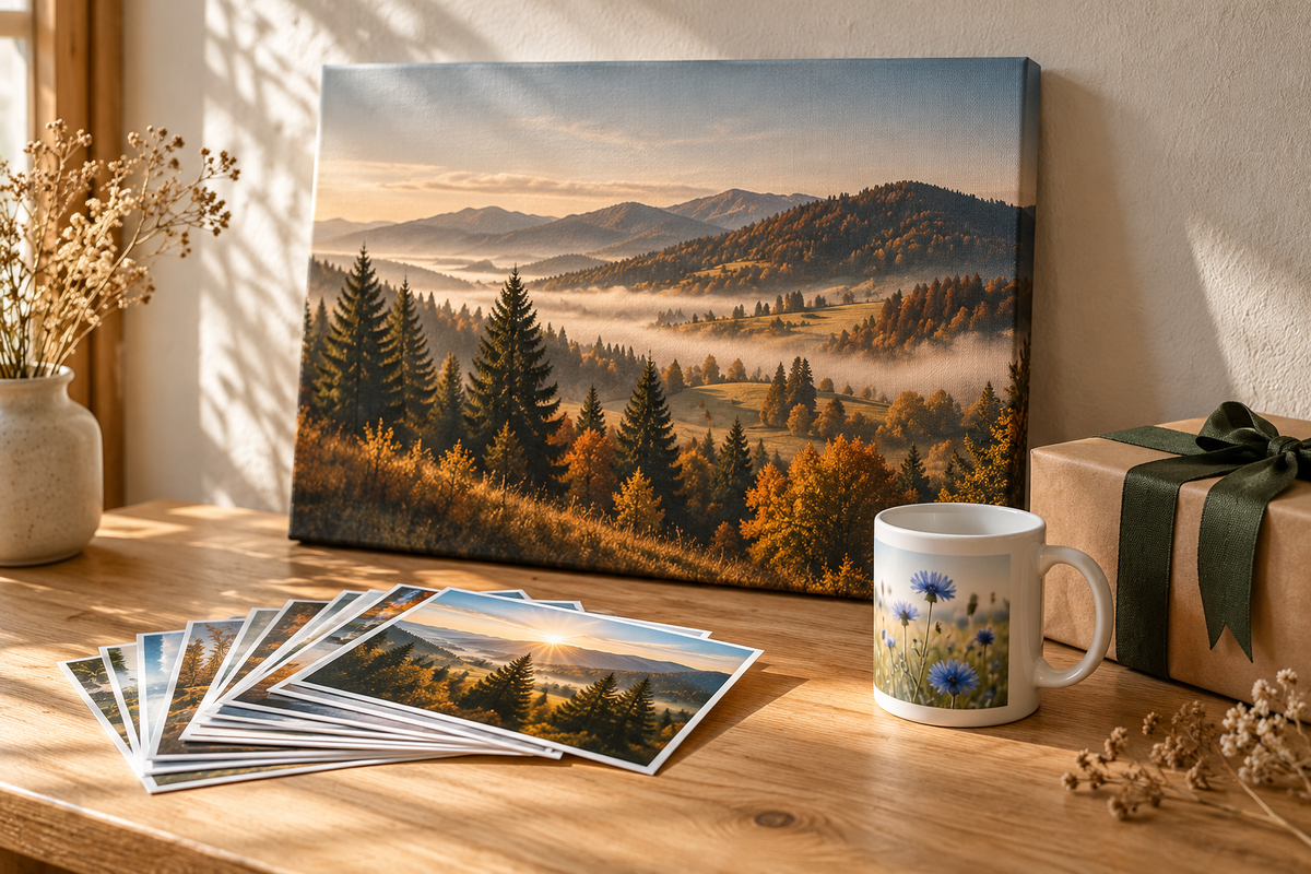 Compoziție ilustrativă cu tablou canvas, fotografii imprimate și cană personalizată