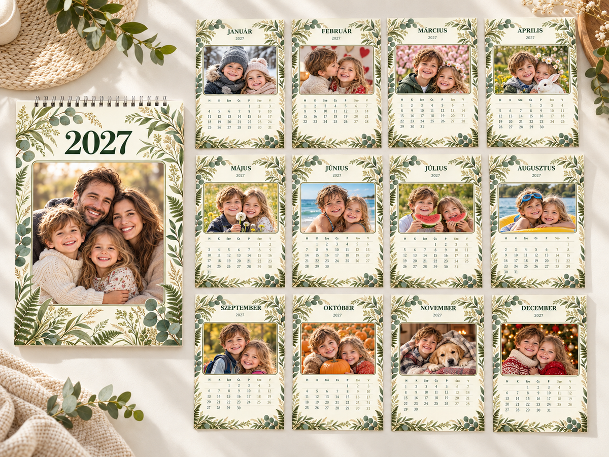 GG Pix – Calendar foto 2027 cu 13 pagini – Botanic: coperta și toate cele 12 luni, prezentare cu fotografii demonstrative; calendar în limba maghiară.