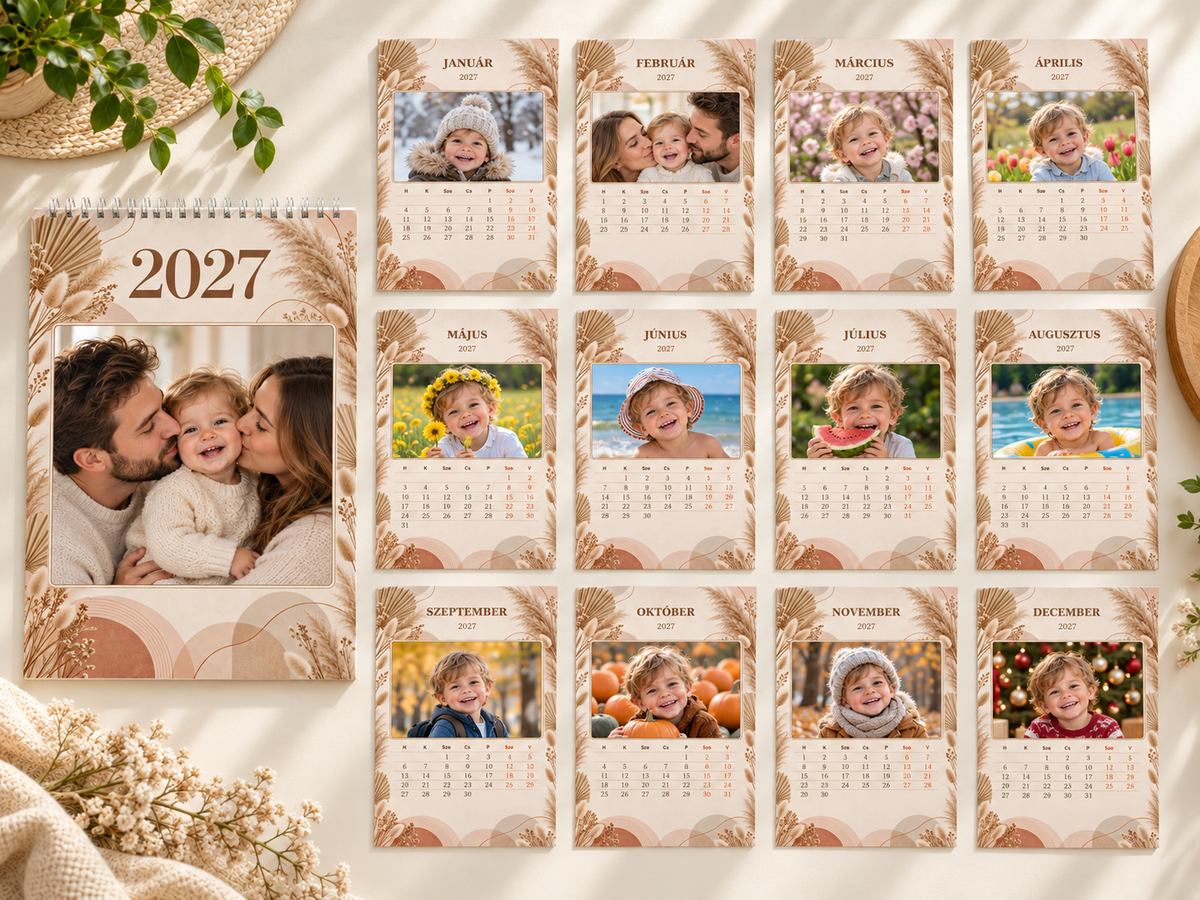 GG Pix – Calendar foto 2027 cu 13 pagini – Boho bej: coperta și toate cele 12 luni, prezentare cu fotografii demonstrative; calendar în limba maghiară.