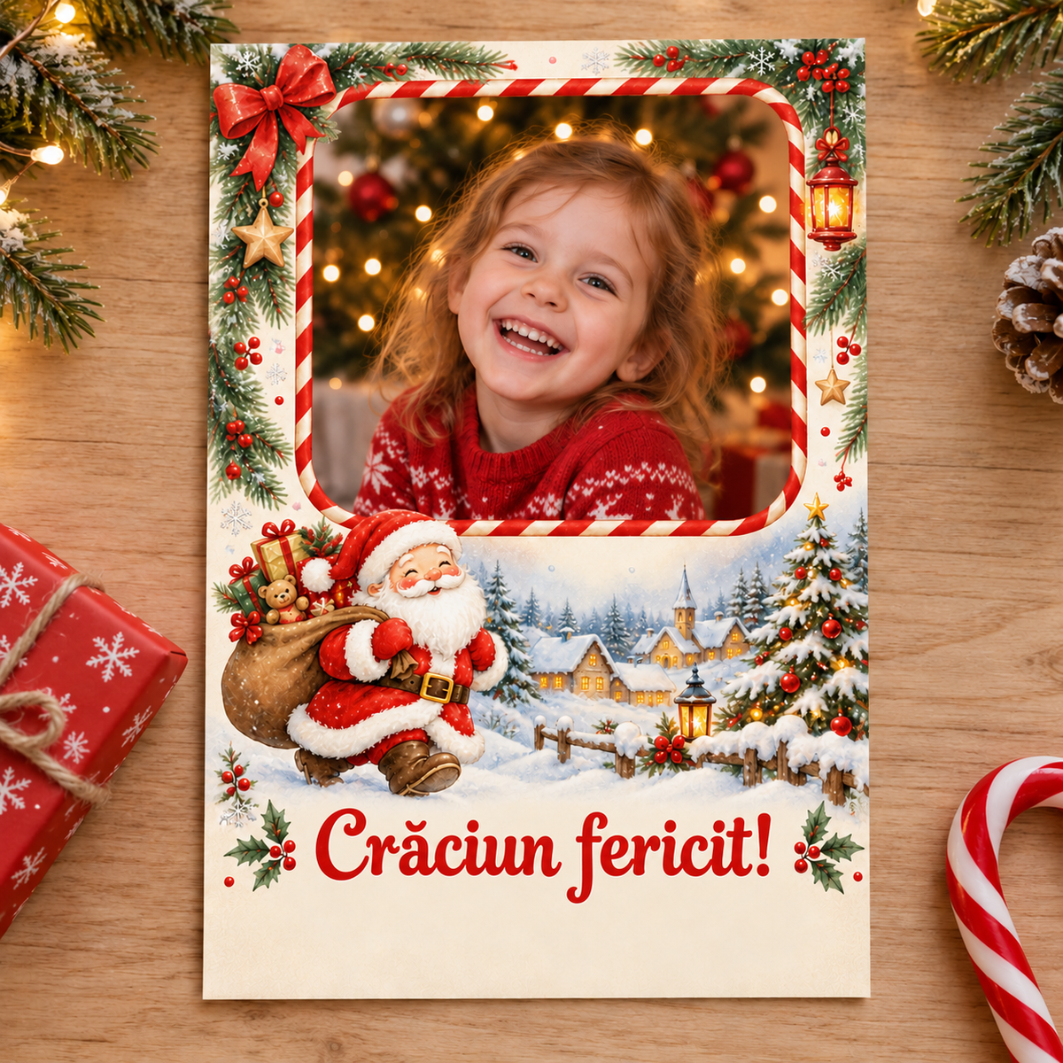 GG Pix K12 — felicitare de Crăciun personalizată, model în limba română, cu fotografie demonstrativă.