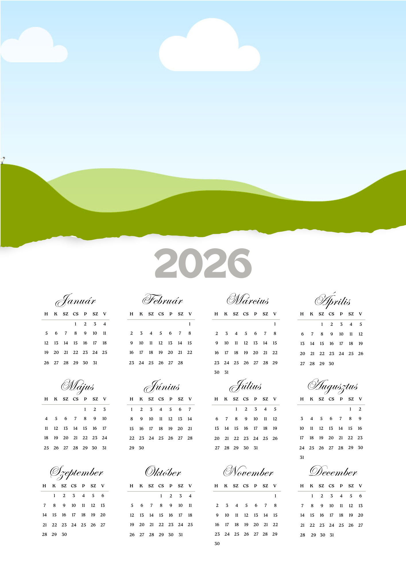 Egyoldalas naptár 2026 Szenomere Szabható