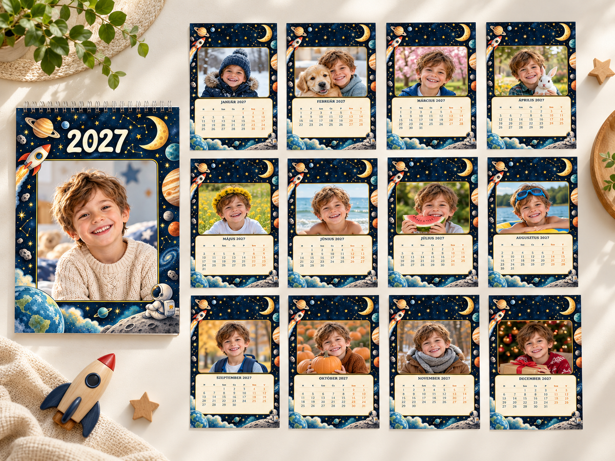 GG Pix – Calendar foto 2027 Aventură spațială: coperta și toate cele 12 luni, prezentare cu fotografii demonstrative.