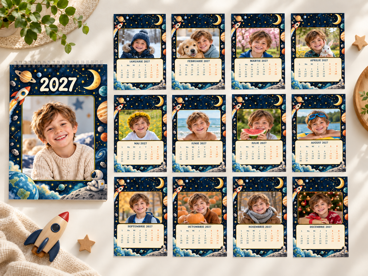 GG Pix H01 — calendar foto 2027 cu 13 pagini în limba română: coperta și toate cele 12 luni, cu fotografii demonstrative.