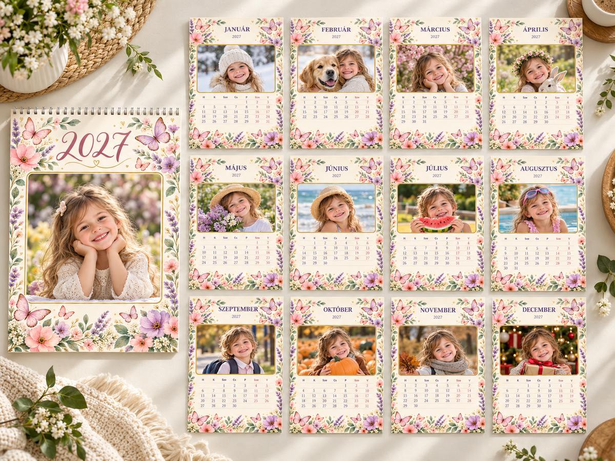 GG Pix – Calendar foto 2027 cu 13 pagini – Floral: coperta și toate cele 12 luni, prezentare cu fotografii demonstrative; calendar în limba maghiară.