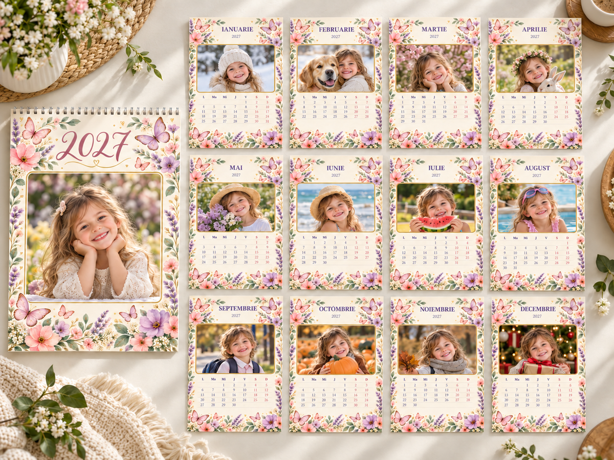 GG Pix H02 — calendar foto 2027 cu 13 pagini în limba română: coperta și toate cele 12 luni, cu fotografii demonstrative.
