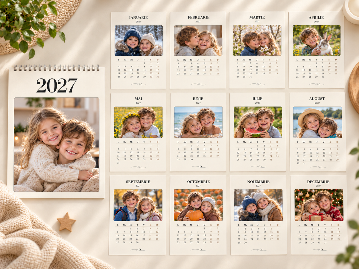 GG Pix H03 — calendar foto 2027 cu 13 pagini în limba română: coperta și toate cele 12 luni, cu fotografii demonstrative.