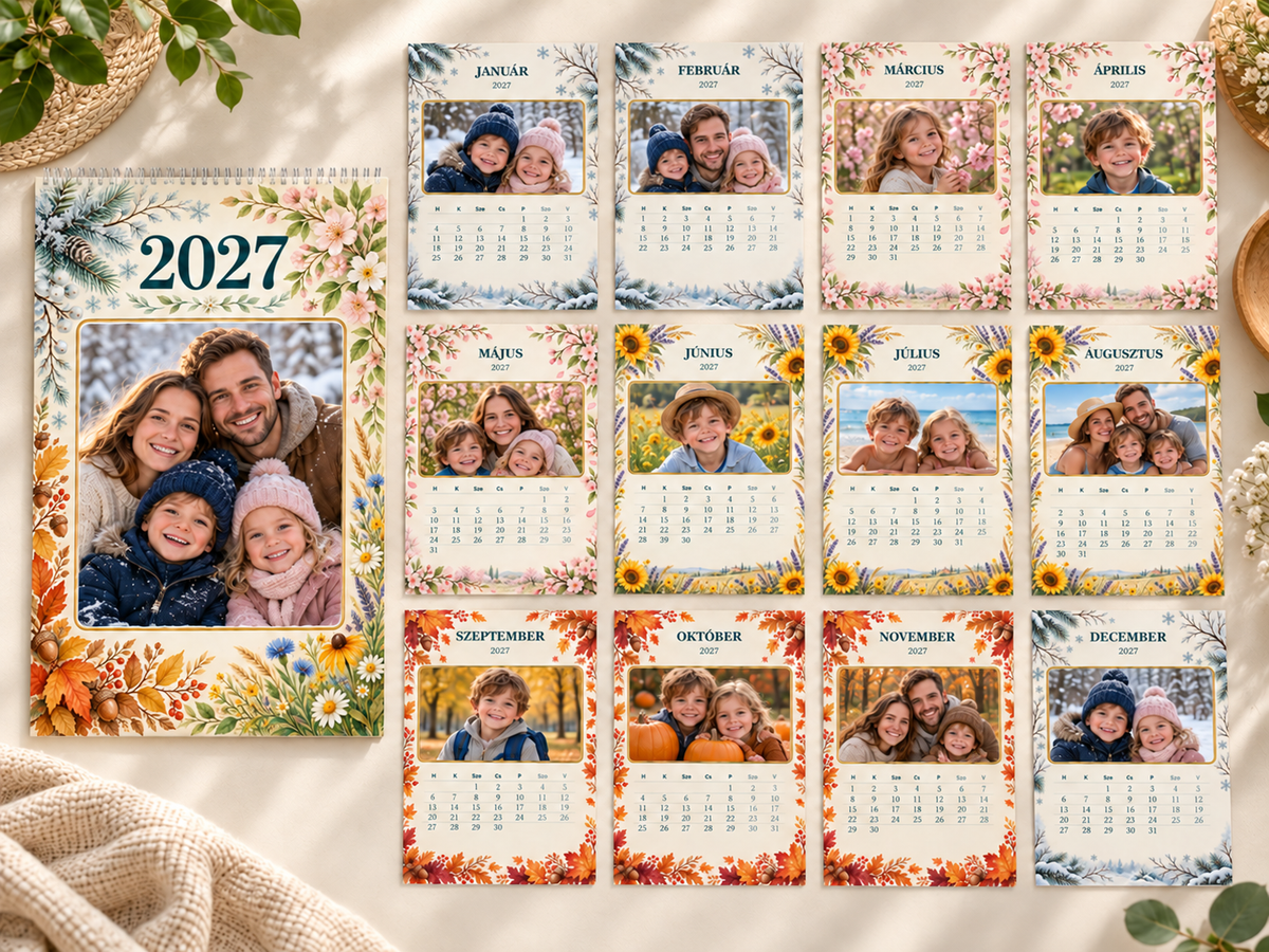 GG Pix – Calendar foto 2027 cu 13 pagini – Patru anotimpuri: coperta și toate cele 12 luni, prezentare cu fotografii demonstrative; calendar în limba maghiară.