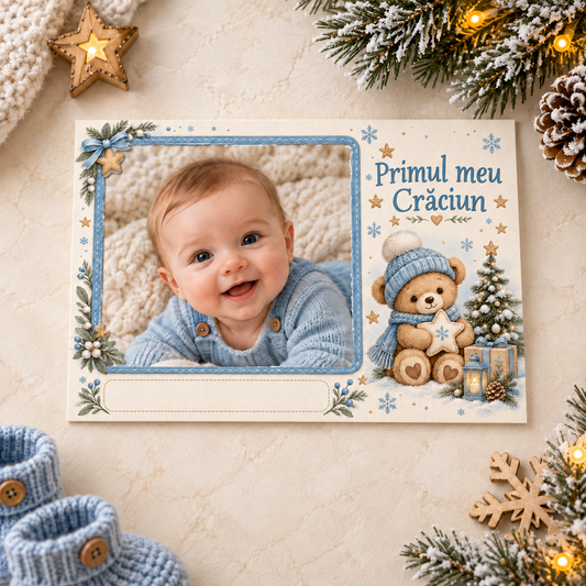 Felicitare foto de Crăciun – Ursuleț albastru