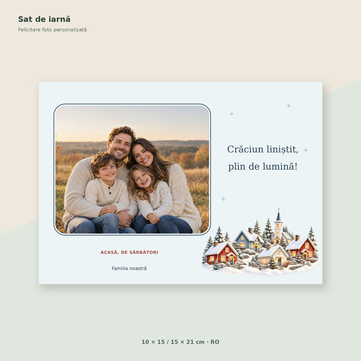 Felicitare foto de Crăciun – Sat de iarnă – Română / RO