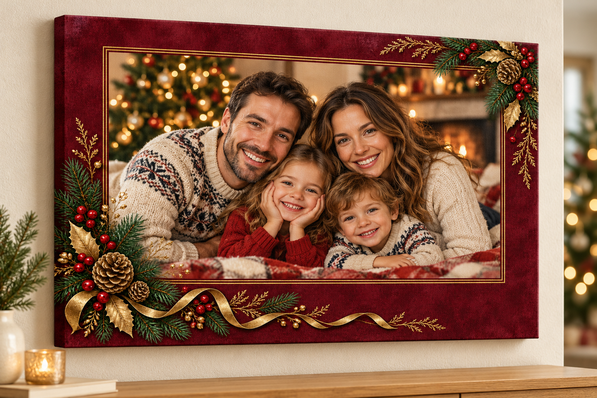 GG Pix – Tablou canvas personalizat de Crăciun, bordo și auriu, prezentat pe perete cu fotografie demonstrativă de familie.